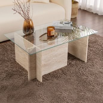 Τραπεζάκι σαλονιού Vetrino Megapap γυάλινο χρώμα travertine 105x65x40εκ.