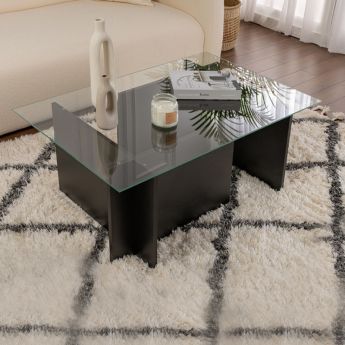 Τραπεζάκι σαλονιού Vetrino Megapap γυάλινο χρώμα black wood 105x65x40εκ.