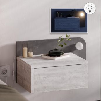 Κομοδίνο επιτοίχιο Dotta Megapap με LED χρώμα λευκό αντικέ - γκρι ρετρό 52x33,6x28εκ.