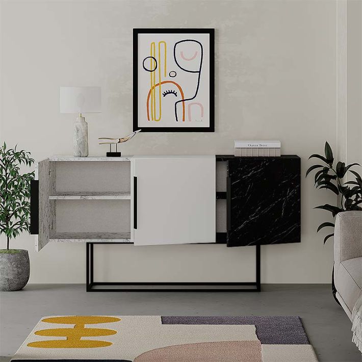 Μπουφές Tontini Megapap χρώμα λευκό - μαύρο εφέ μαρμάρου 150x42x79,5εκ.