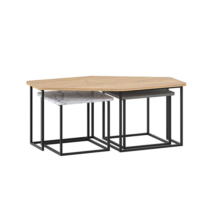Τραπεζάκι σαλονιού σετ 3 τμχ. Nesty Megapap χρώμα saphhire oak - γκρι ρετρό - λευκό εφέ μαρμάρου 110x60x48εκ.