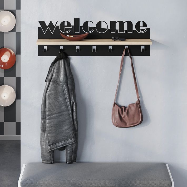 Κρεμάστρα τοίχου Welcome Megapap χρώμα μαύρο - sapphire oak 86x15,2x29εκ.