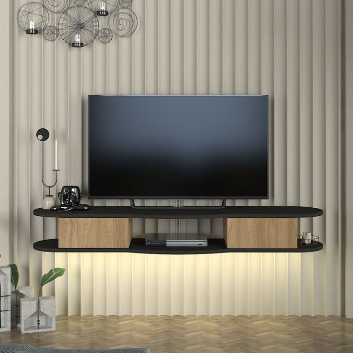 Έπιπλο τηλεόρασης επιτοίχιο Perk Megapap με LED χρώμα ανθρακί - sepet oak 150x35x19,2εκ.