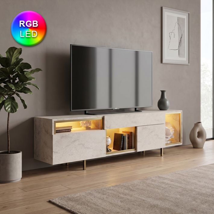 Έπιπλο τηλεόρασης Norm Megapap με Led Rgb χρώμα travertine - χρυσό 180x32x55εκ.
