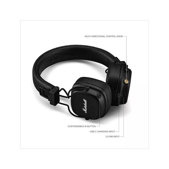 Marshall Major V Ασύρματα / Ενσύρματα On Ear Ακουστικά με 100 ώρες Λειτουργίας και Quick Charge Μαύρα